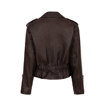 LIBERTE retro waisted biker jacket in chocolate texture