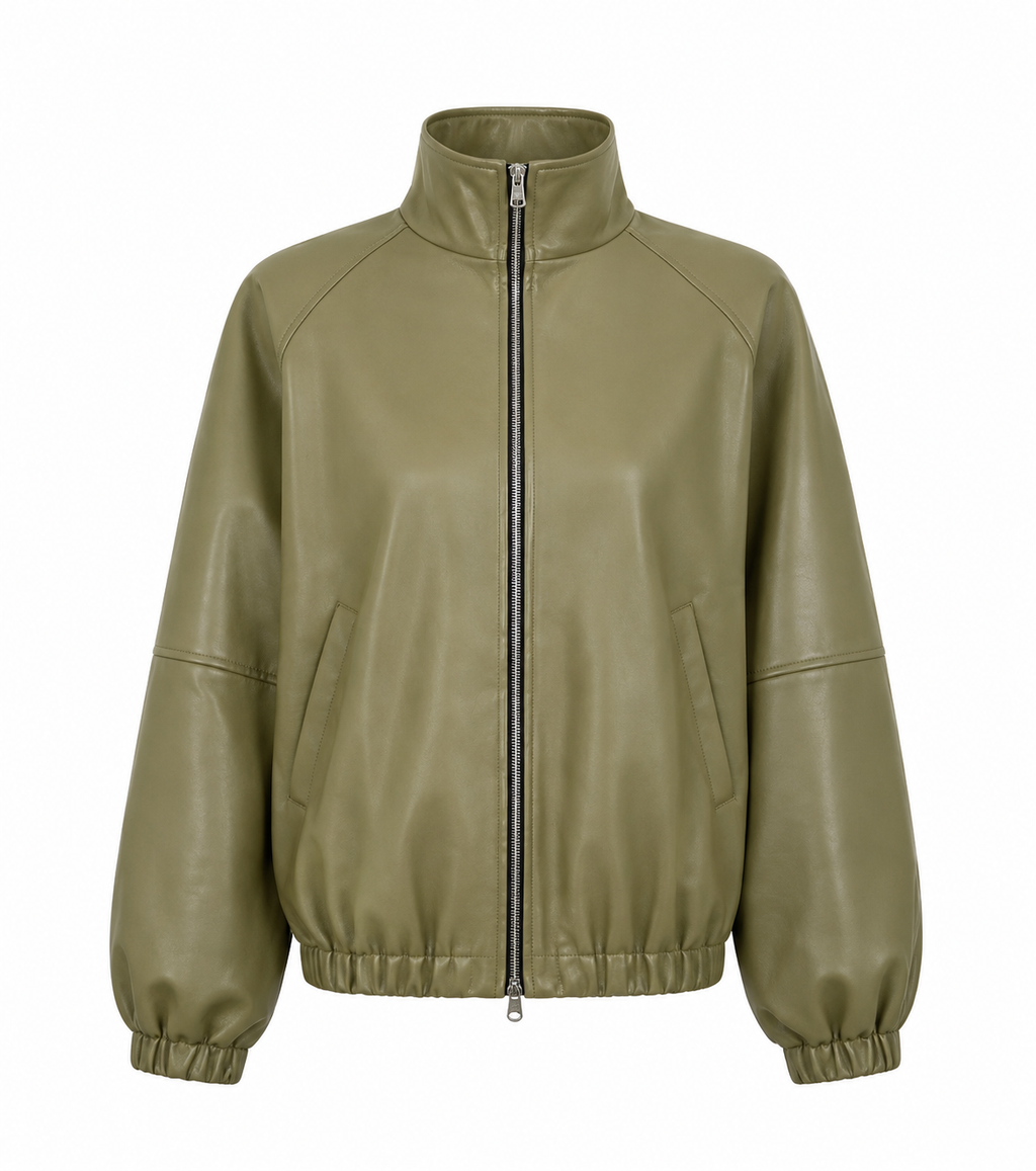 CALME SYMPLE oversized bomber jacket with collar in olive leather