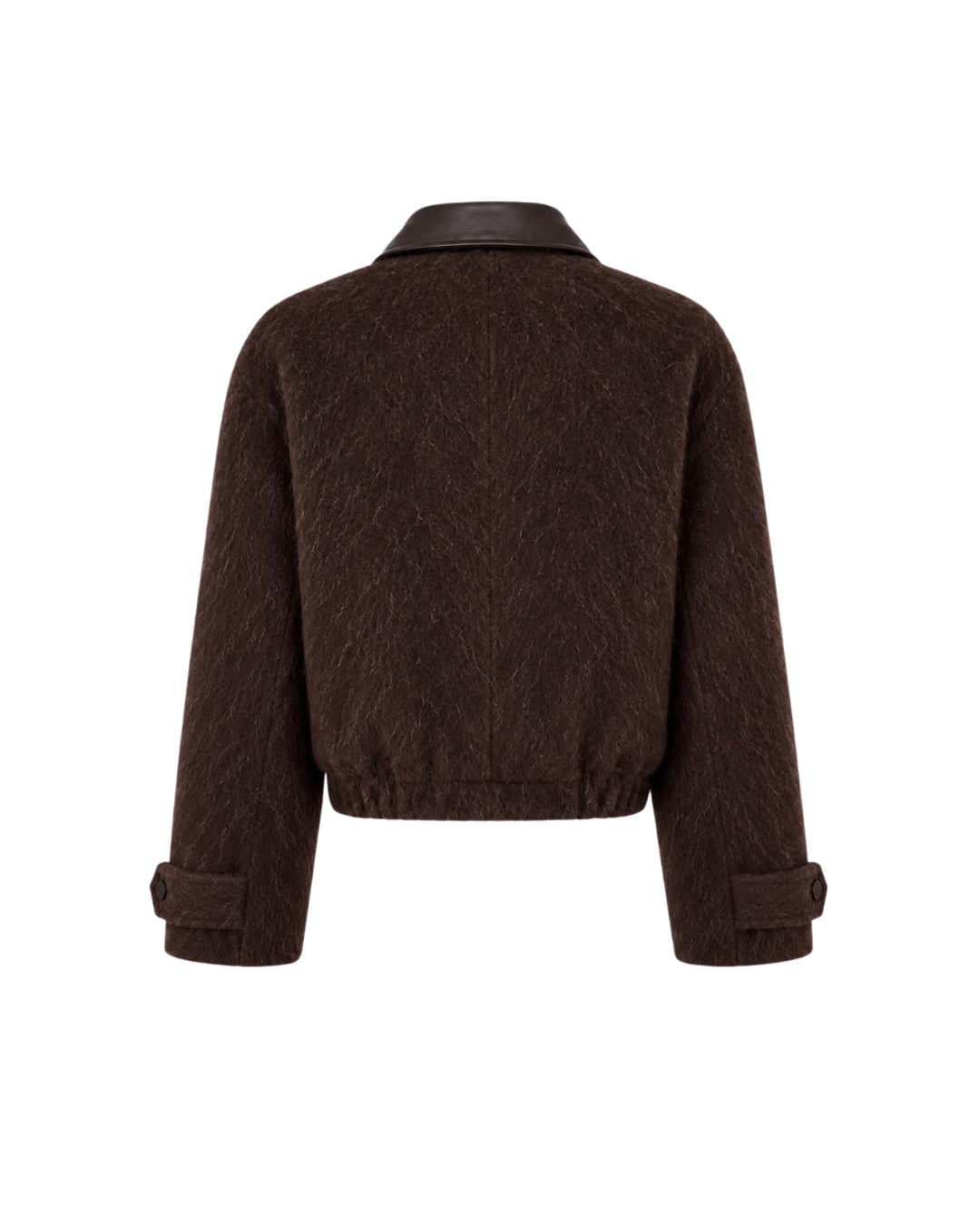 CALLINE cropped bomber jacket with leather collar in chocolate brown alpaca wool