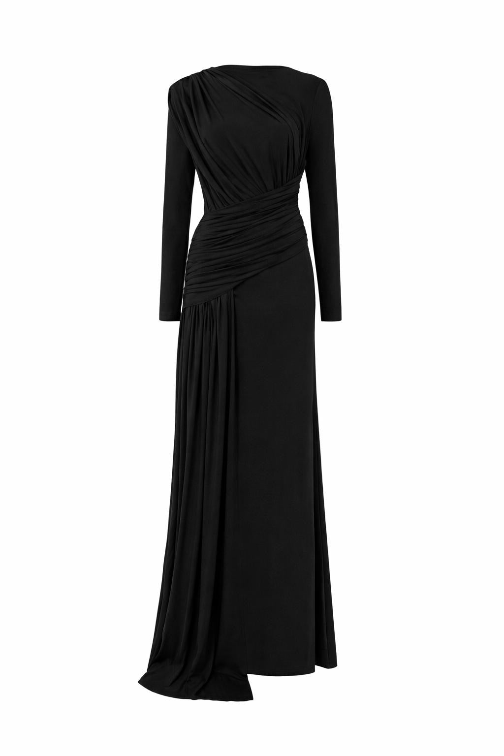 EBLOUIE draped gown with waist sash In black cupro