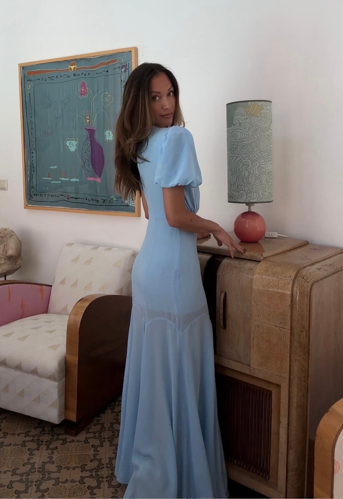 DELICATESSE puff sleeve maxi dress in baby blue silk