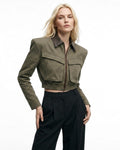 JOIE cropped bomber trench jacket in olive with brown leather collar