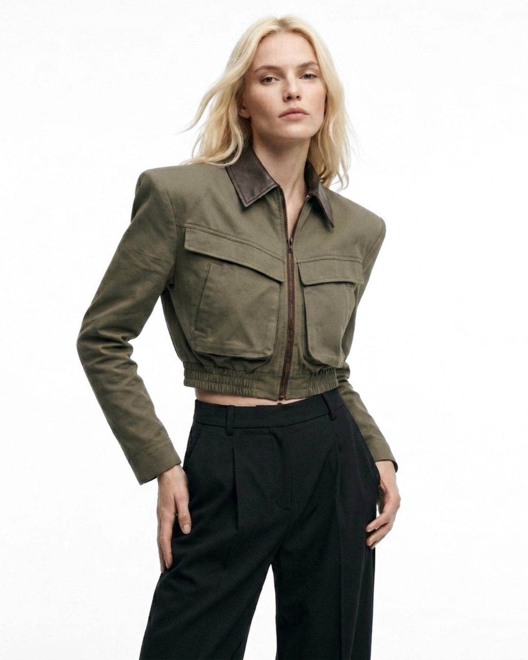 JOIE cropped bomber trench jacket in olive with brown leather collar