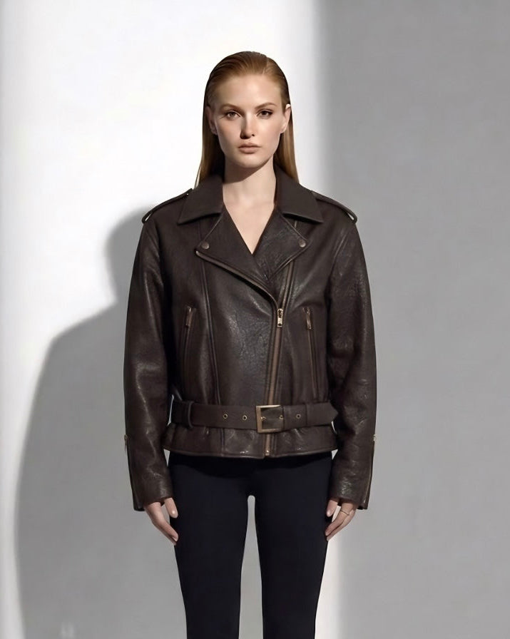 LIBERTE Retro-Bikerjacke mit hoher Taille aus Schokoladen-Texturleder