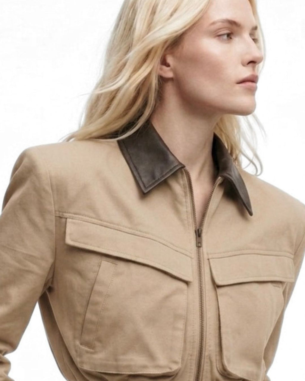 JOIE cropped bomber trench jacket with brown leather collar