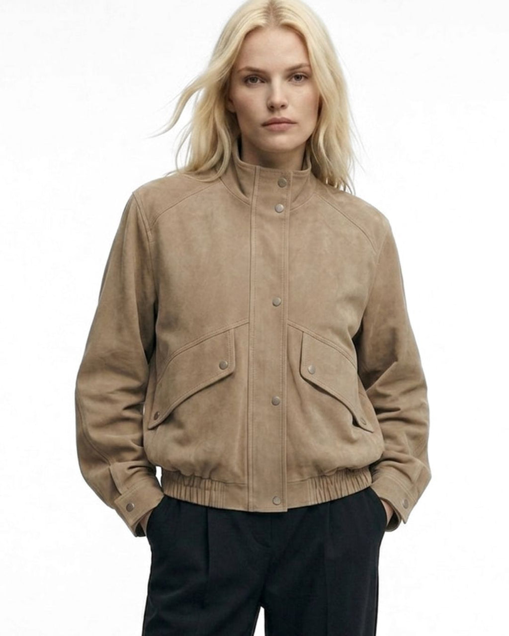SURPRISE COULEUR SABLE bomber jacket with collar in beige suede