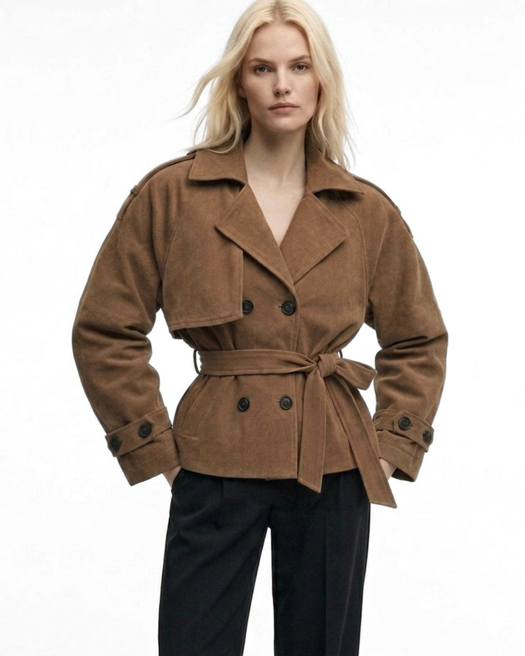 FIERE short belted coat in caramel suede