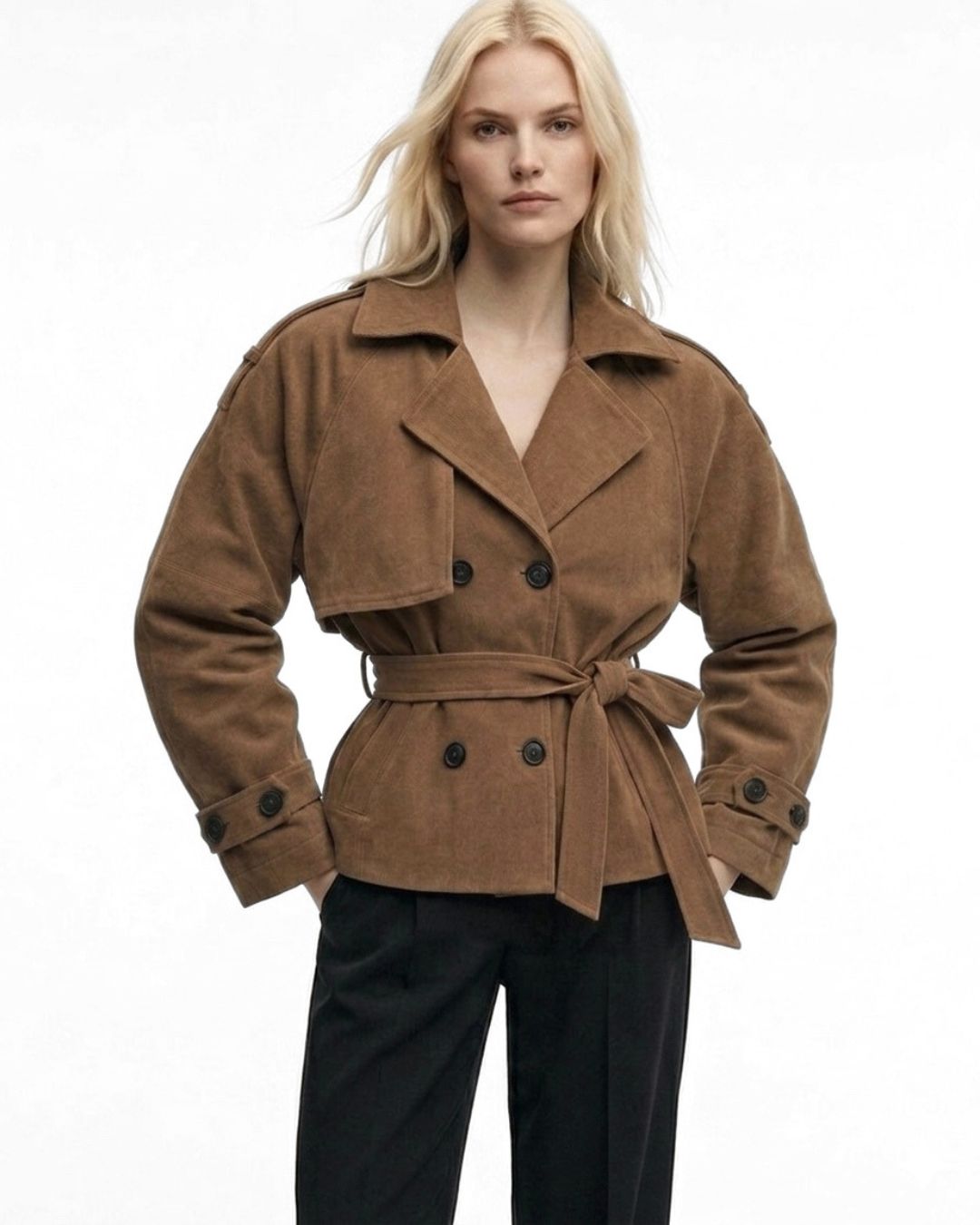 FIERE short belted coat in caramel suede