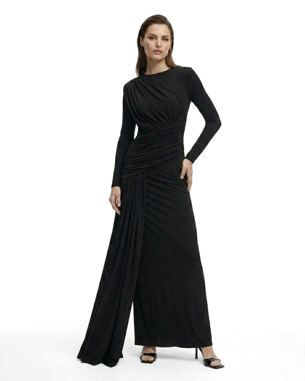 EBLOUIE draped gown with waist sash In black cupro