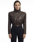 TRANQUILLITÉ cropped bomber jacket in dark chocolate leather