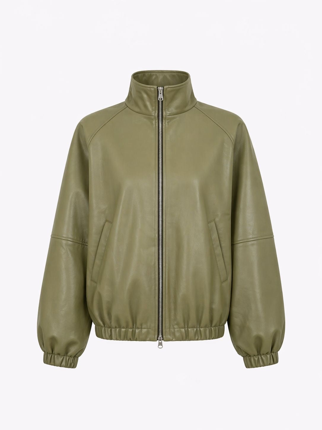CALME SYMPLE oversized bomber jacket with collar in olive leather