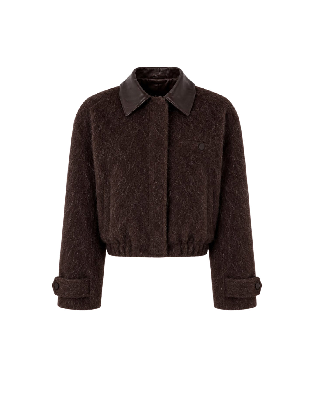 CALLINE cropped bomber jacket with leather collar in chocolate brown alpaca wool