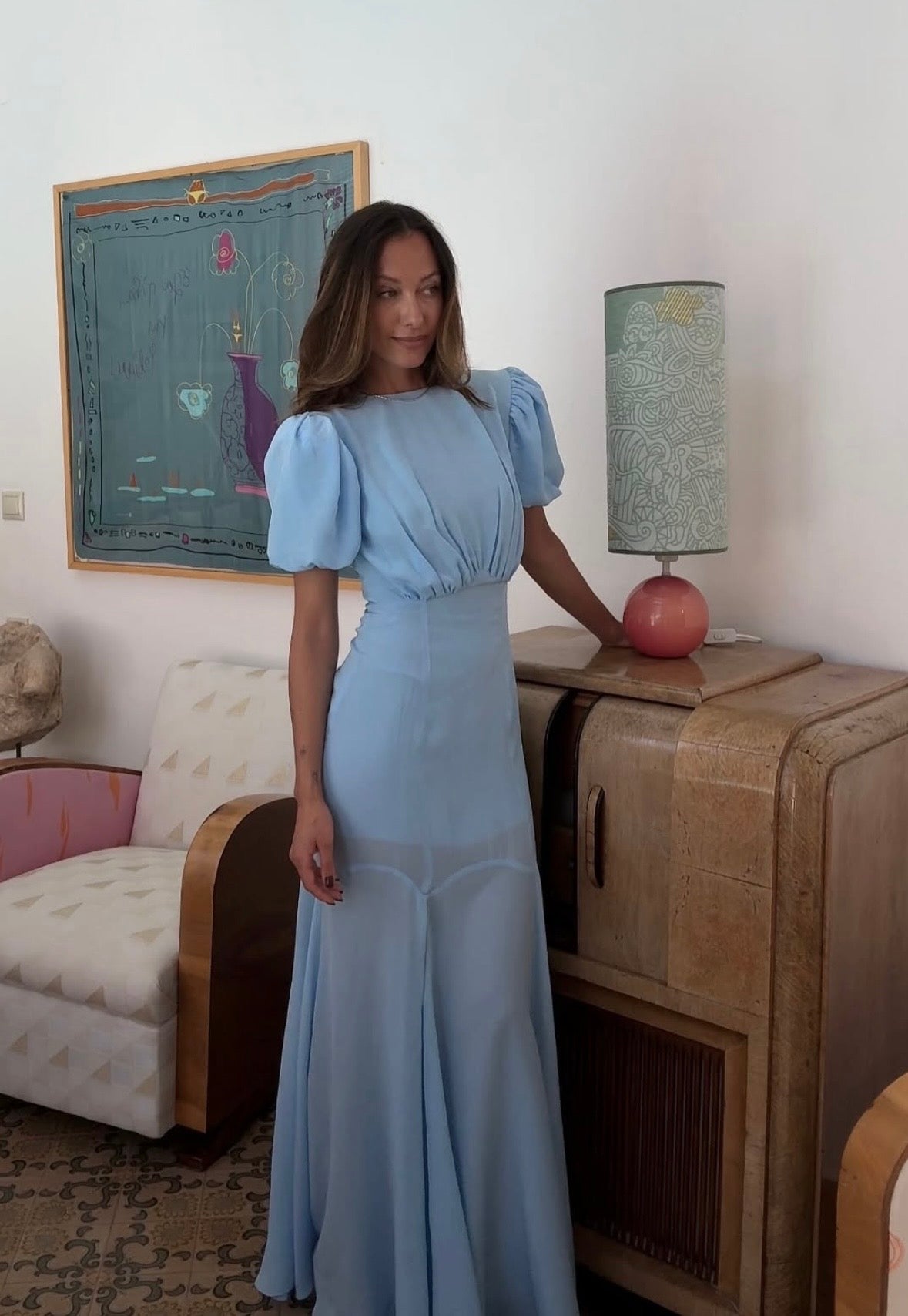 DELICATESSE puff sleeve maxi dress in baby blue silk