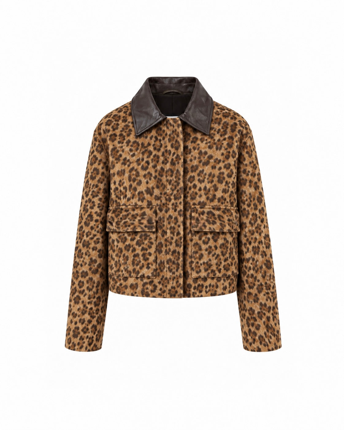 BEATE utility leopard print jacket with brown leather collar