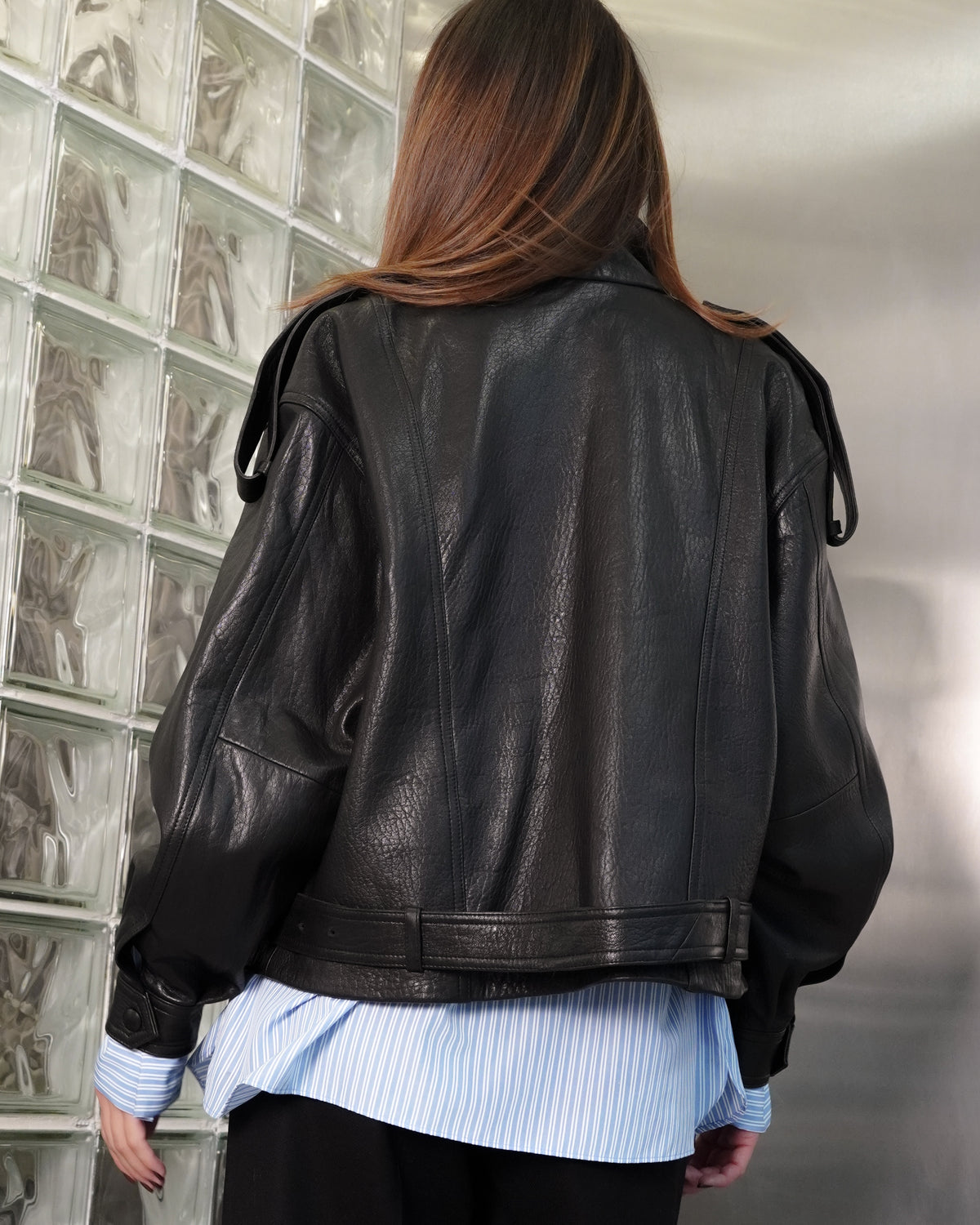 EUPHORIE waisted biker jacket in black leather