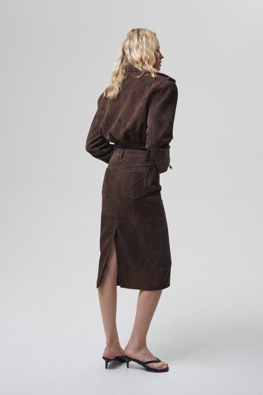 AMITIE midi suede skirt in chocolate brown