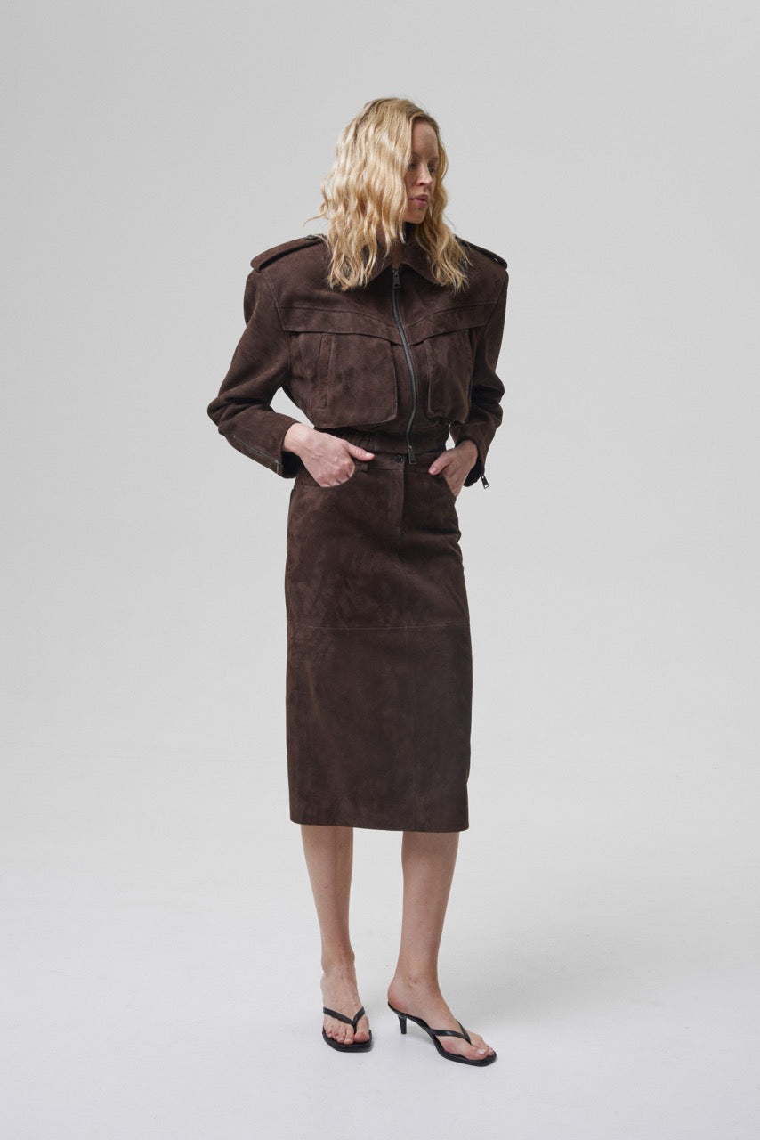 AMITIE midi suede skirt in chocolate brown