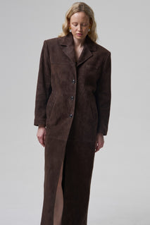 AMOUR straight coat in suede chocolate brown