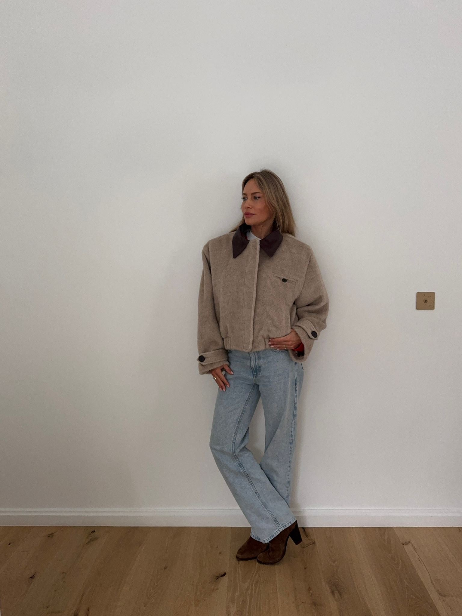 CALLINE cropped bomber jacket with brown leather collar in alpaca wool