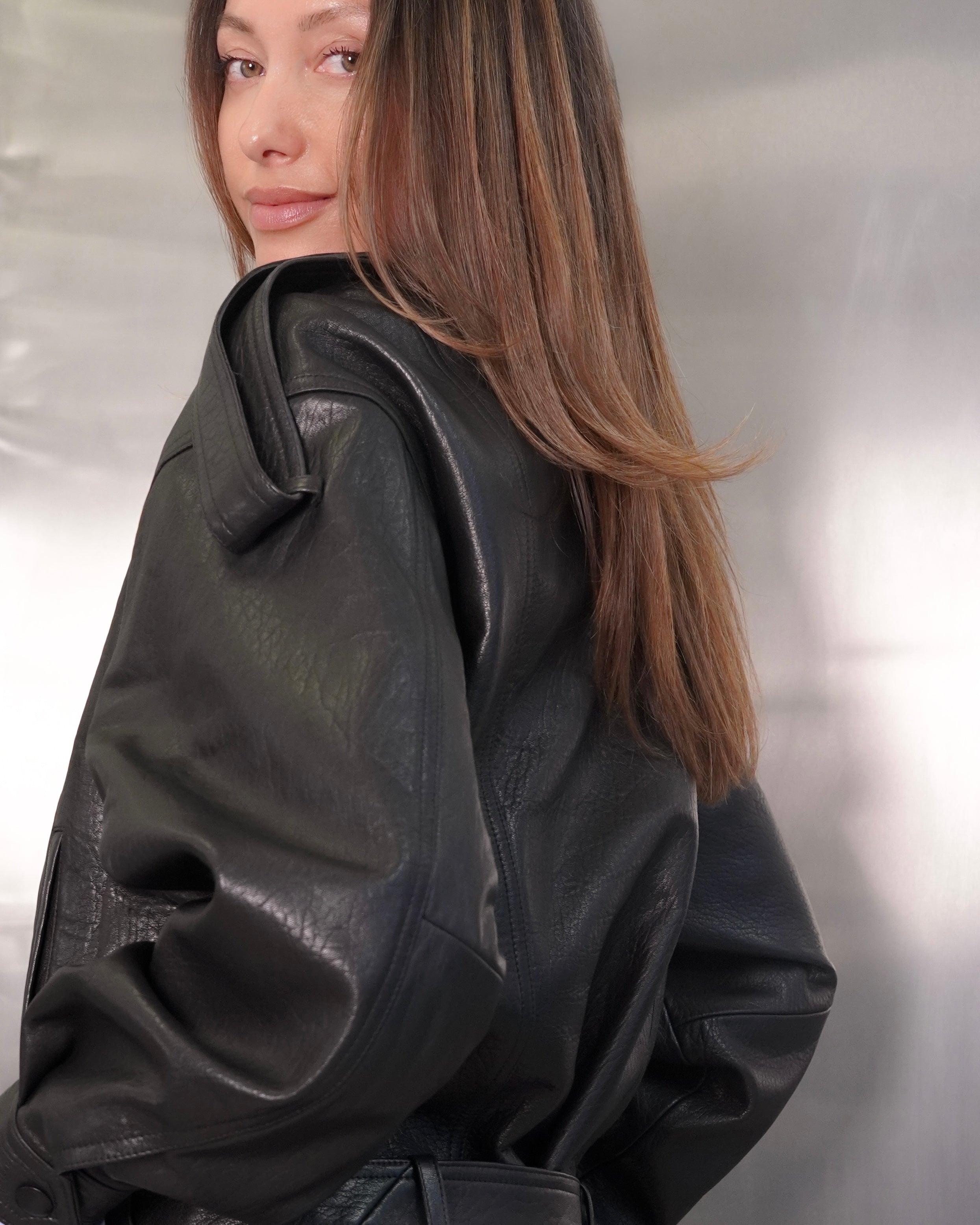 EUPHORIE waisted biker jacket in black leather