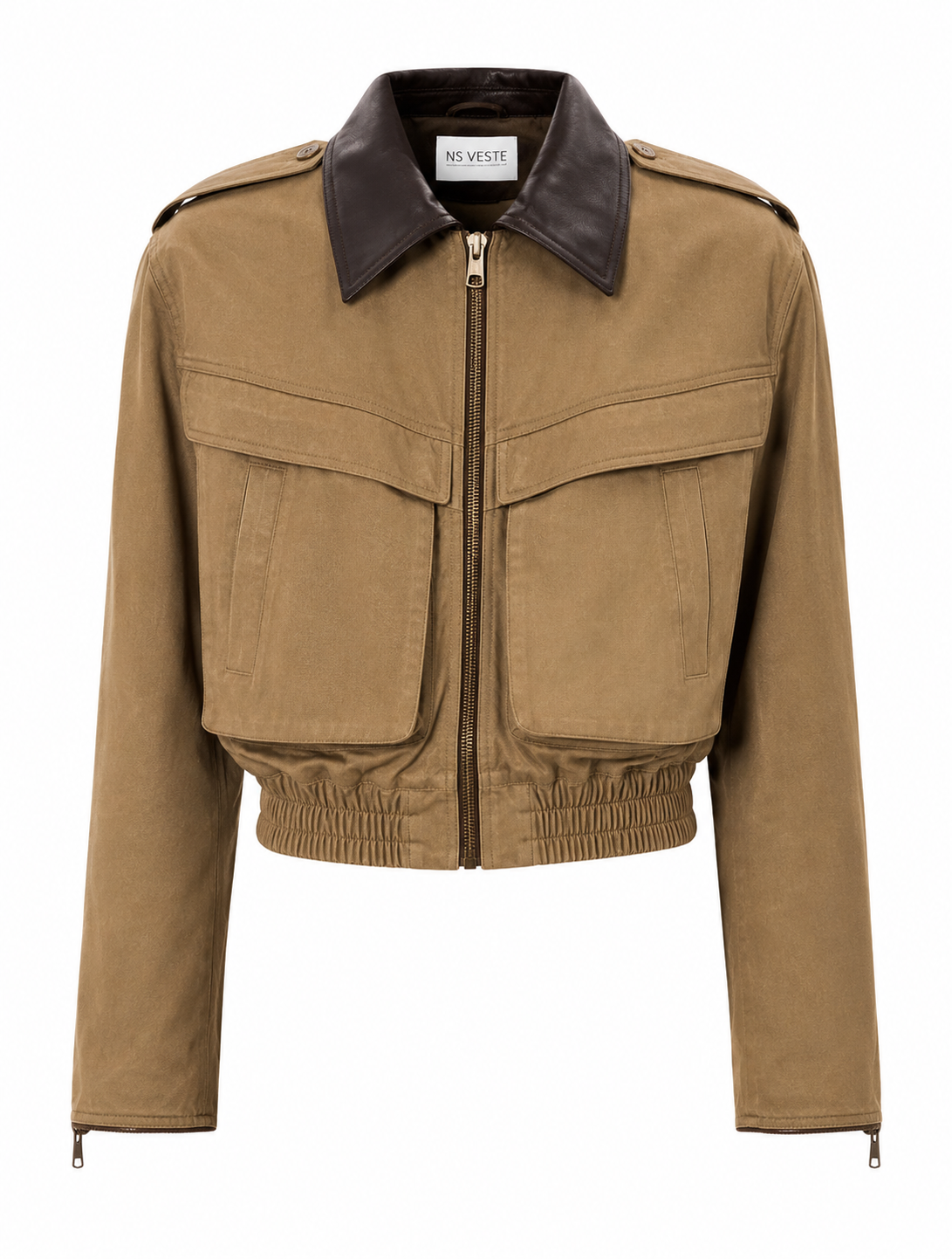 JOIE cropped bomber trench jacket with brown leather collar