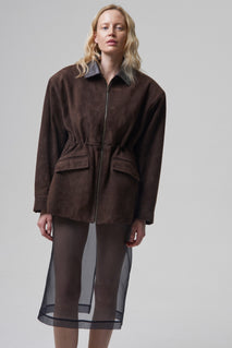 COURAGE fitted suede jacket in chocolate brown