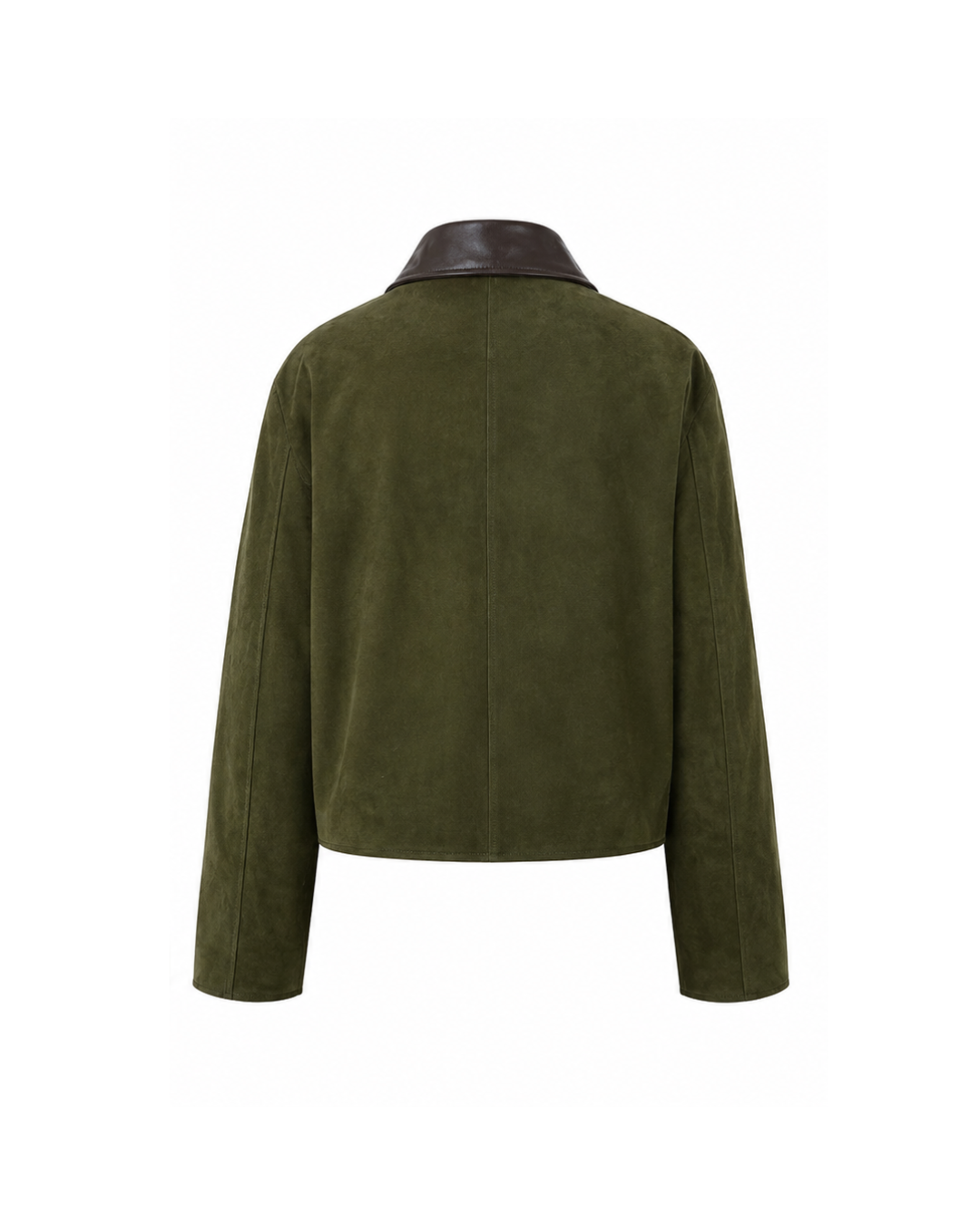 BEATE utility olive suede jacket with brown leather collar
