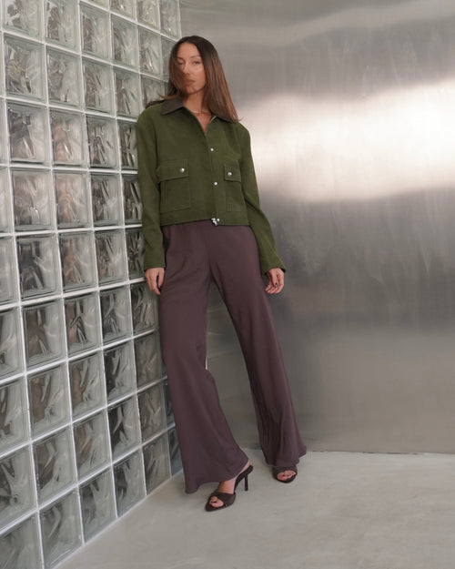 BEATE utility olive suede jacket with brown leather collar