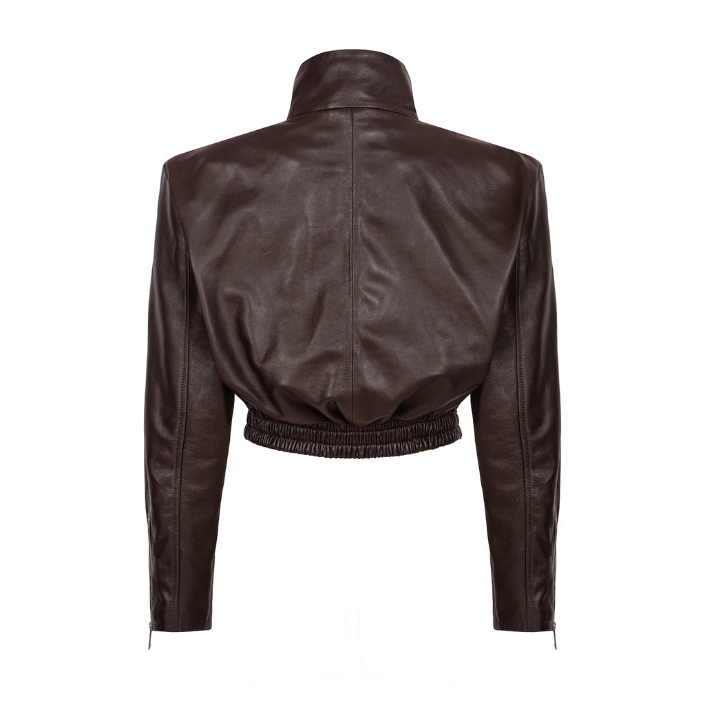 TRANQUILLITÉ cropped bomber jacket in dark chocolate leather