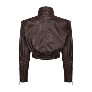 TRANQUILLITÉ cropped bomber jacket in dark chocolate leather