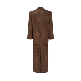 AMOUR straight coat in suede chocolate brown