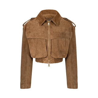 JOIE cropped bomber jacket in mocha mousse suede