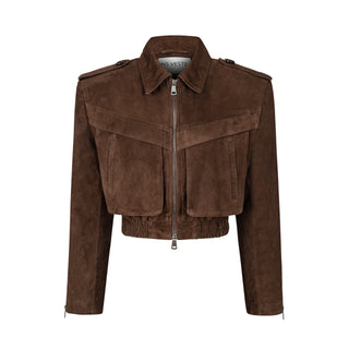 JOIE cropped bomber jacket in chocolate brown suede