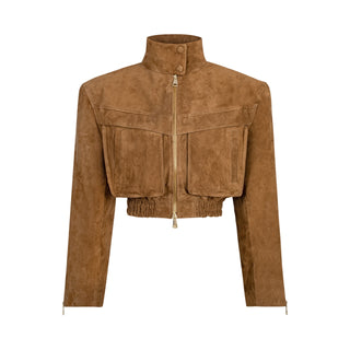 TRANQUILLITE cropped bomber jacket in light brown suede