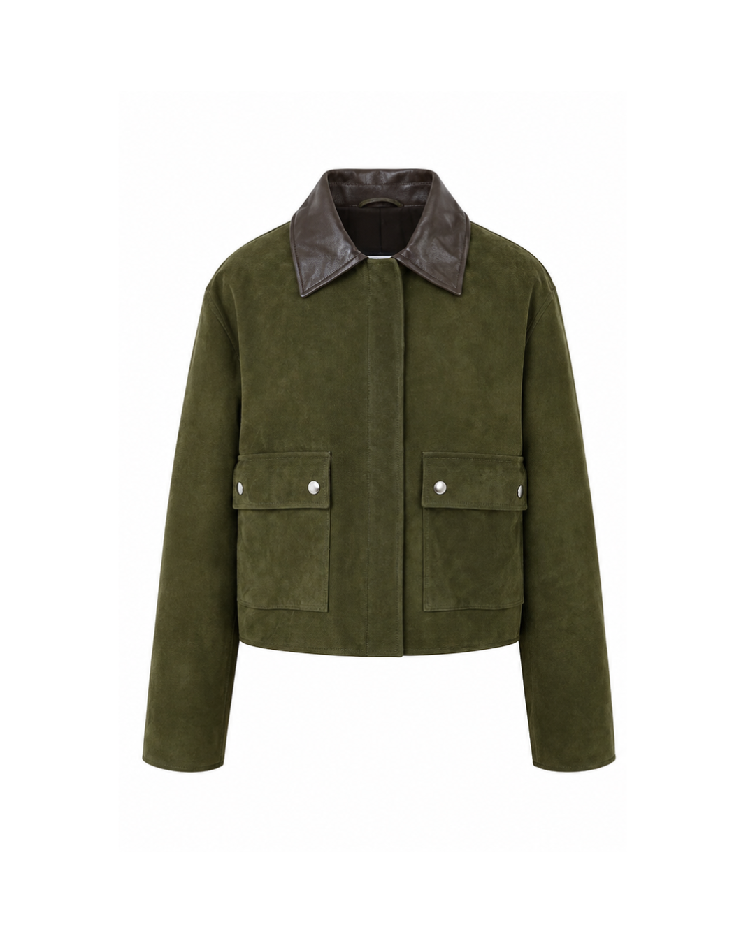 BEATE utility olive suede jacket with brown leather collar