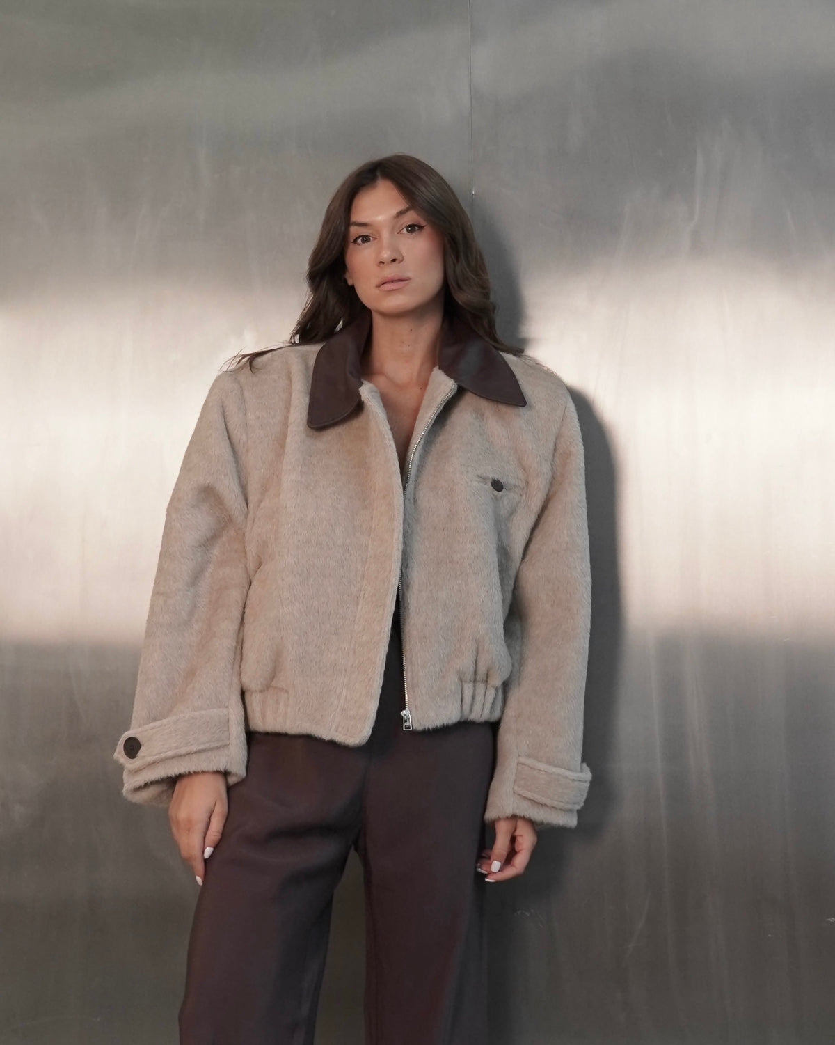 CALLINE cropped bomber jacket with leather collar in cream beige alpaca wool