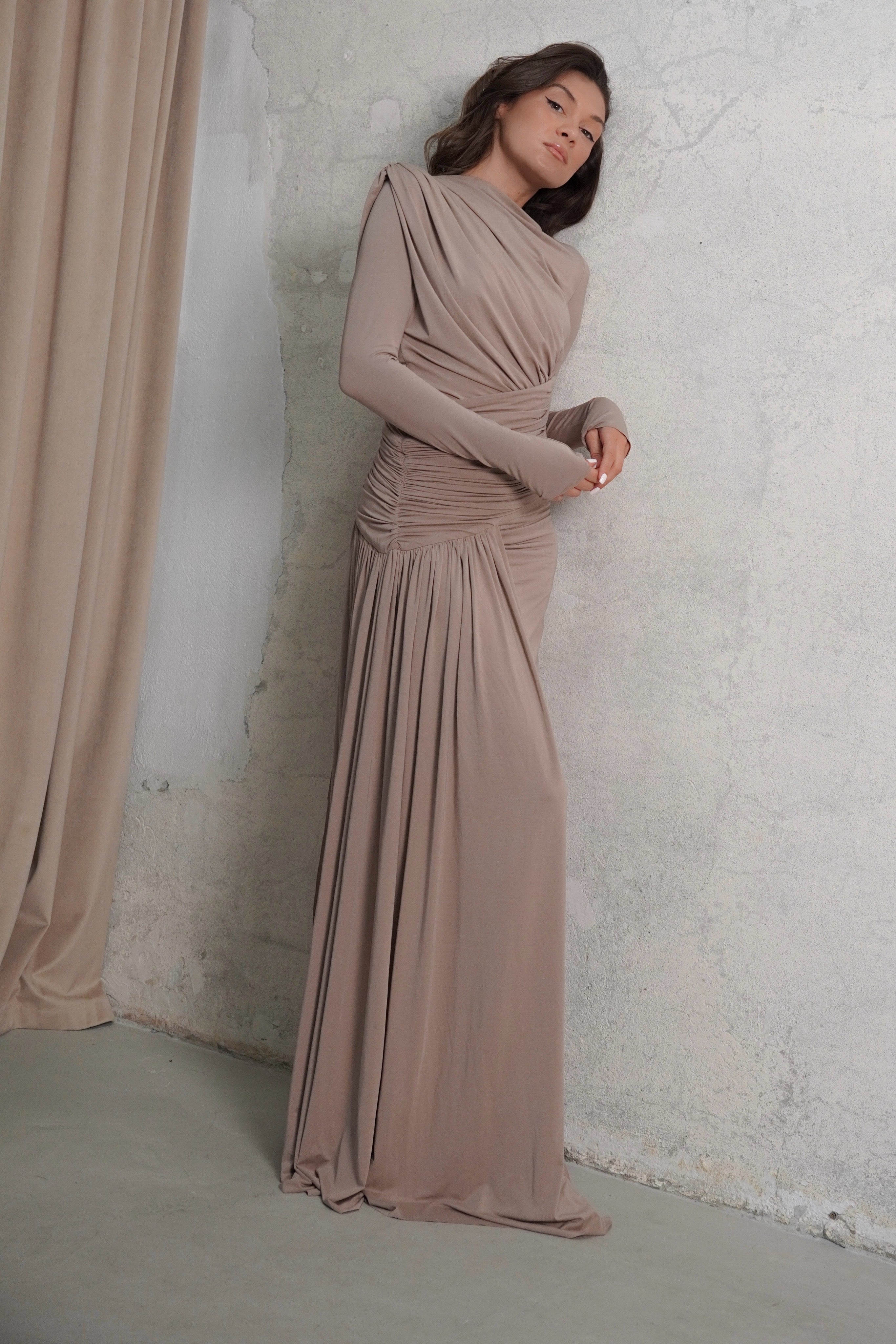 PRE-ORDER | EBLOUIE draped gown with waist sash in taupe beige
