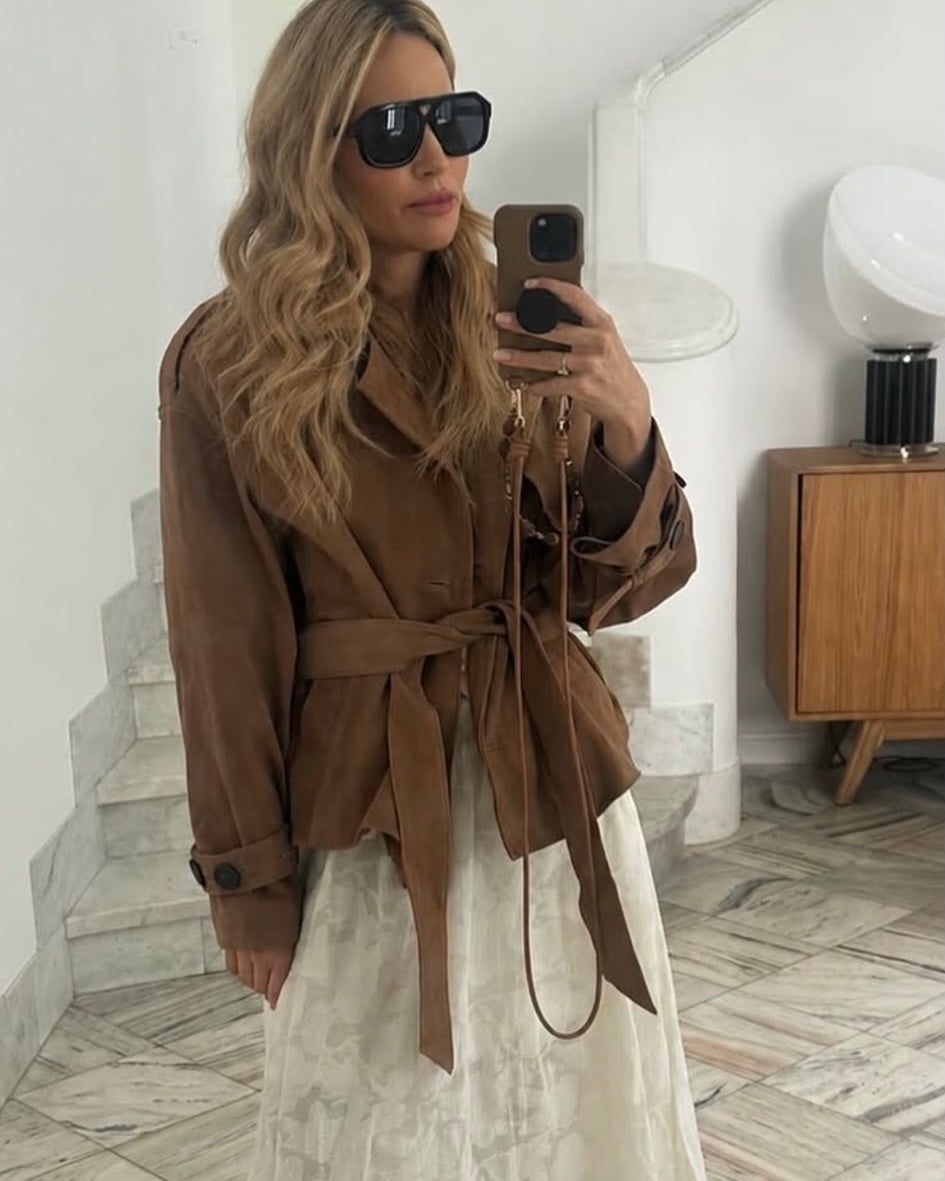FIERE short belted coat in caramel suede