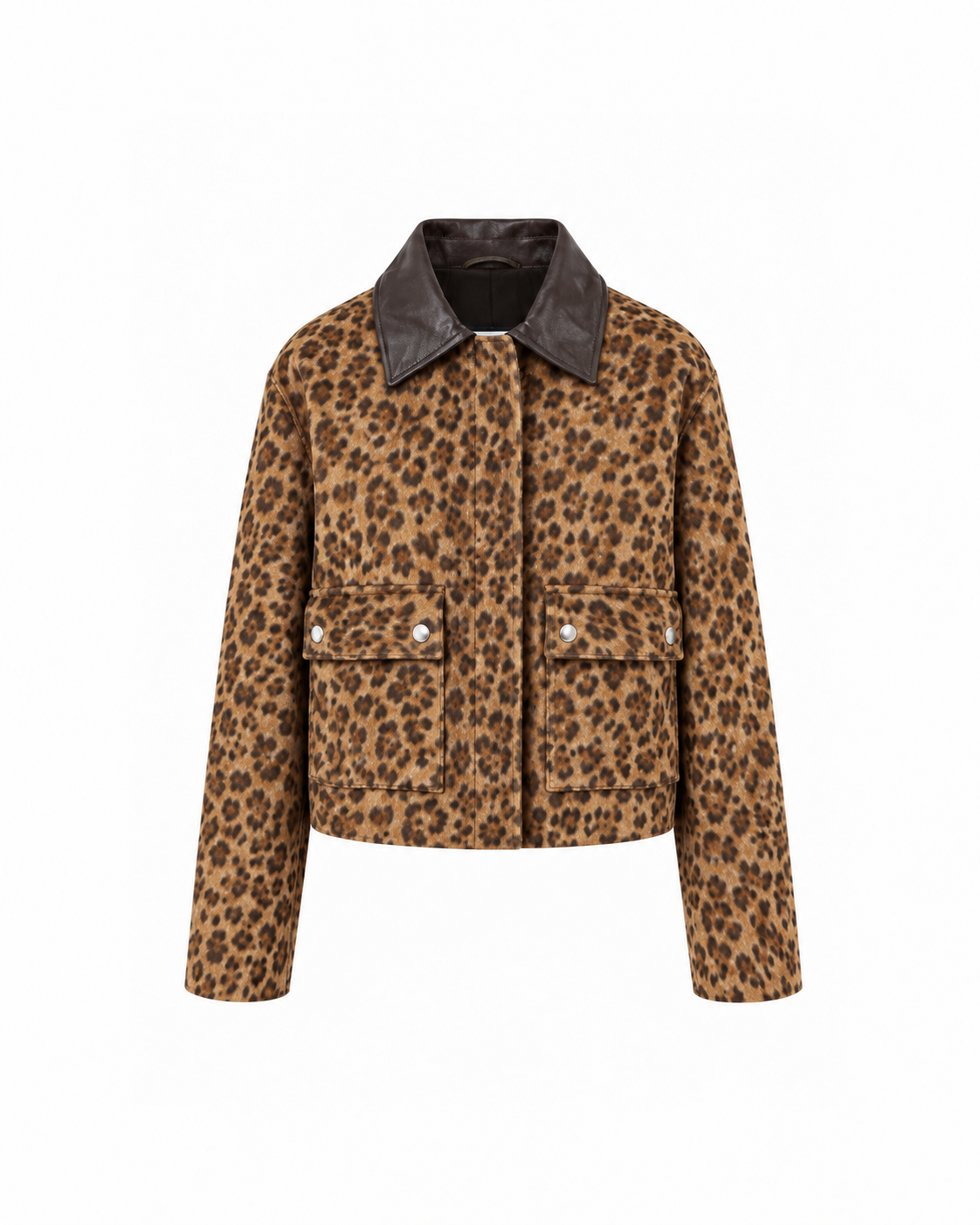 BEATE utility leopard print jacket with brown leather collar