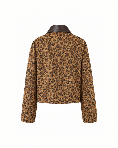 BEATE utility leopard print jacket with brown leather collar