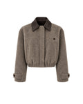 CALLINE cropped bomber jacket with leather collar in taupe beige alpaca wool