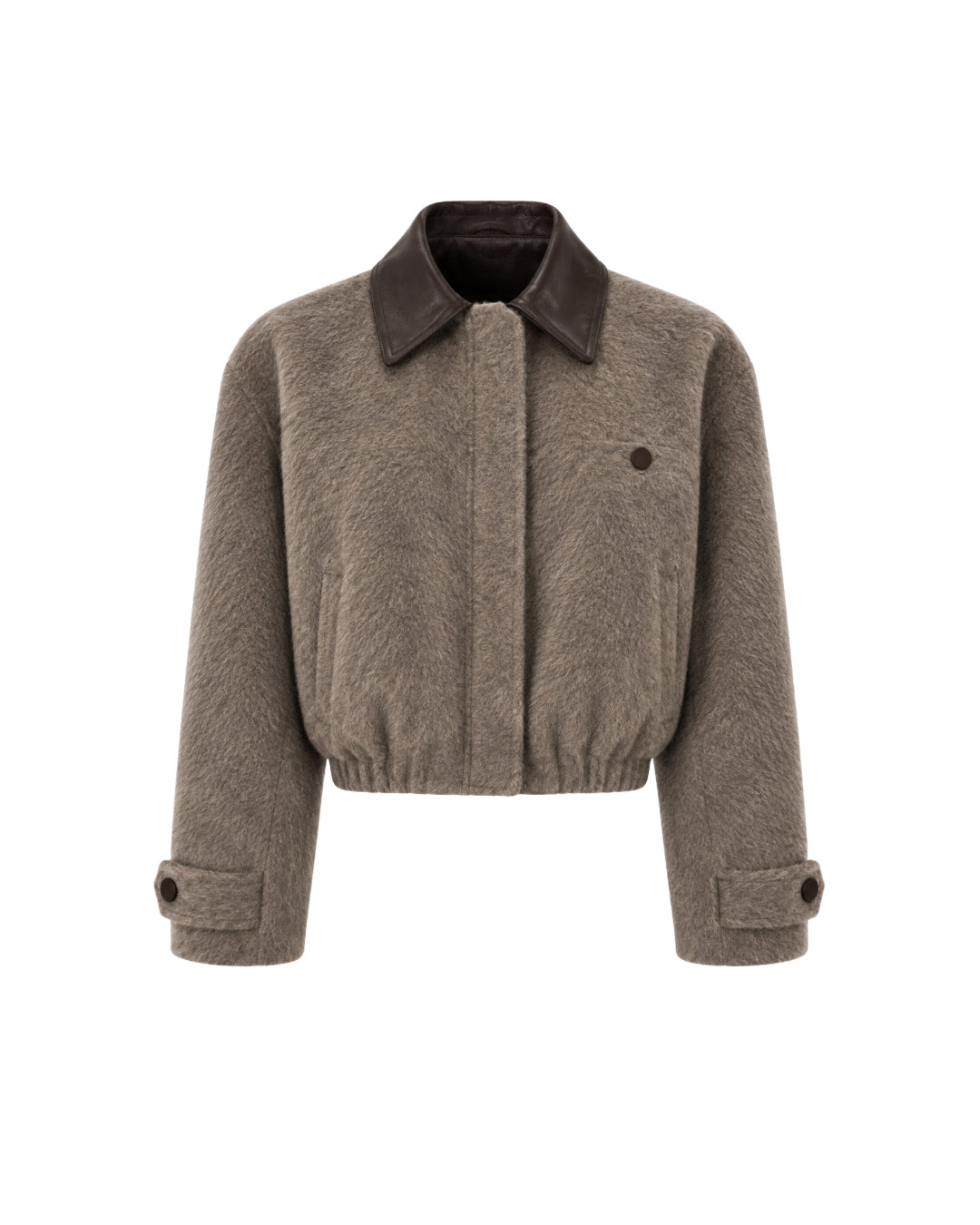 CALLINE cropped bomber jacket with leather collar in taupe beige alpaca wool