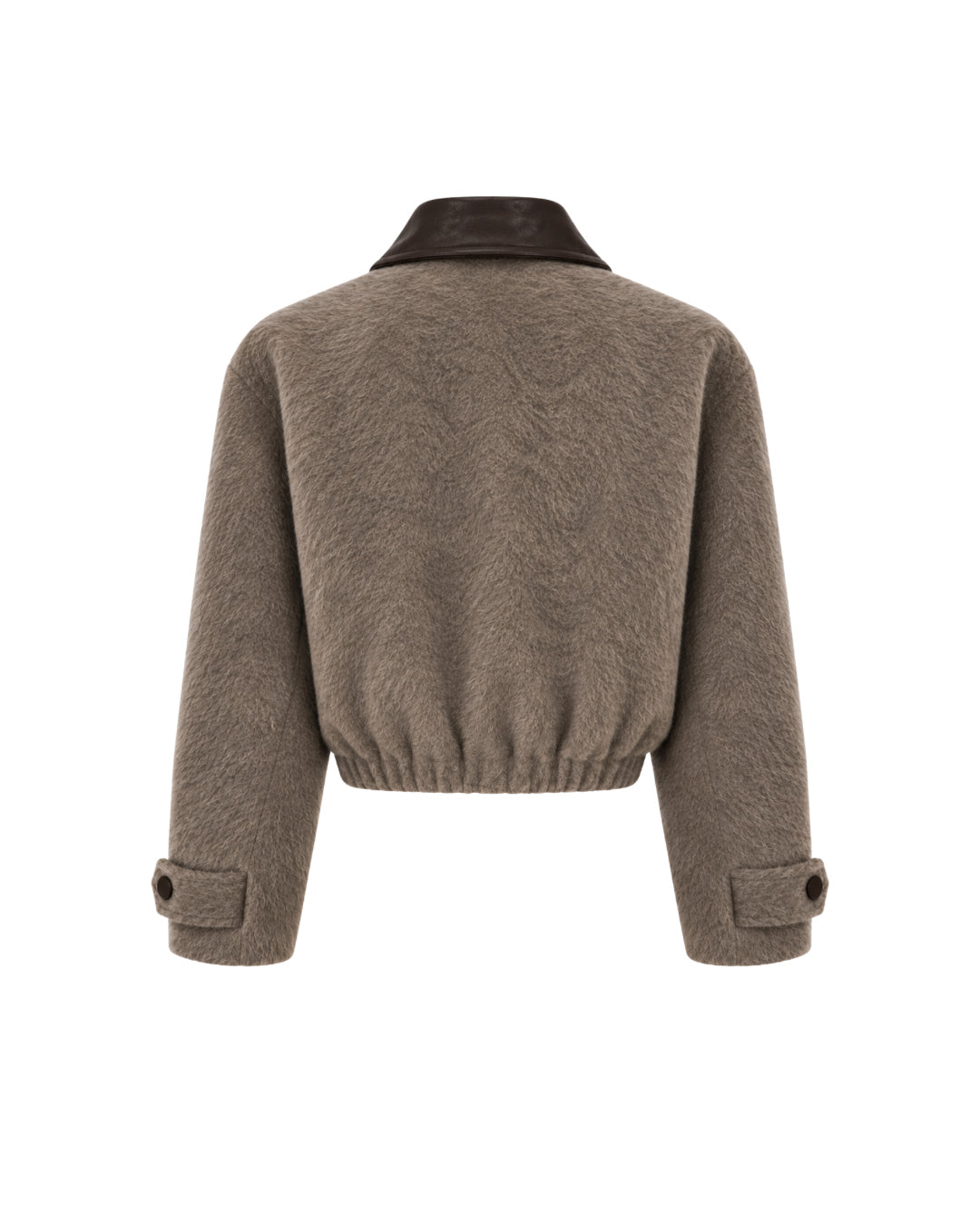 CALLINE cropped bomber jacket with leather collar in taupe beige alpaca wool