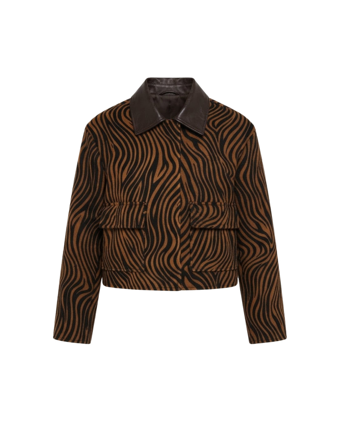 BEATE utility zebra print jacket with brown leather collar