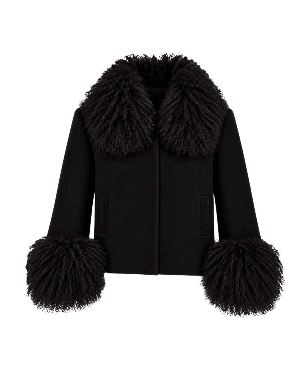 QUIETUDE boxy jacket with faux fur collar in black wool with cashmere