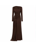 EBLOUIE draped gown with waist sash in chocolate brown