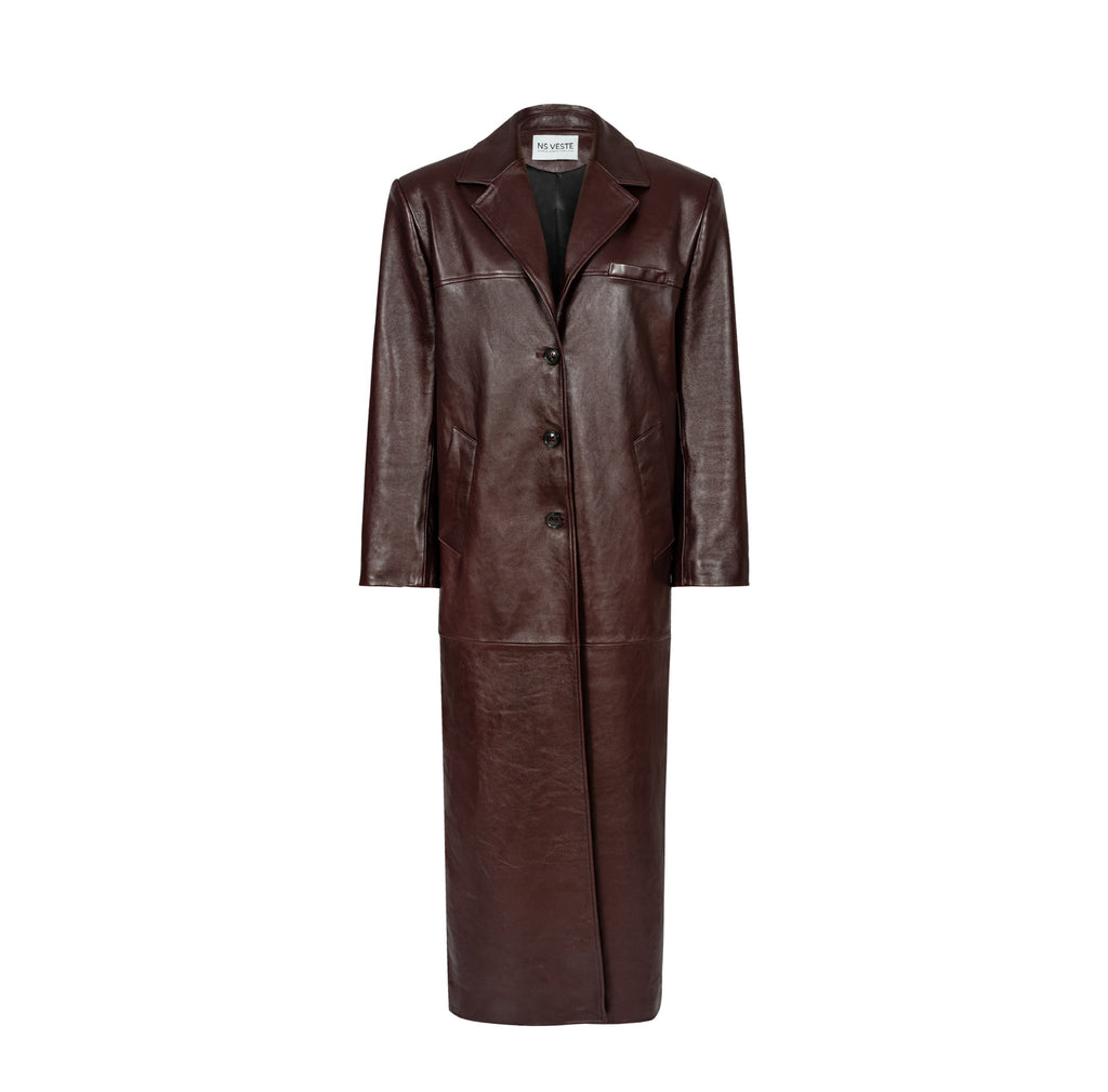 AMOUR straight coat in burgundy leather