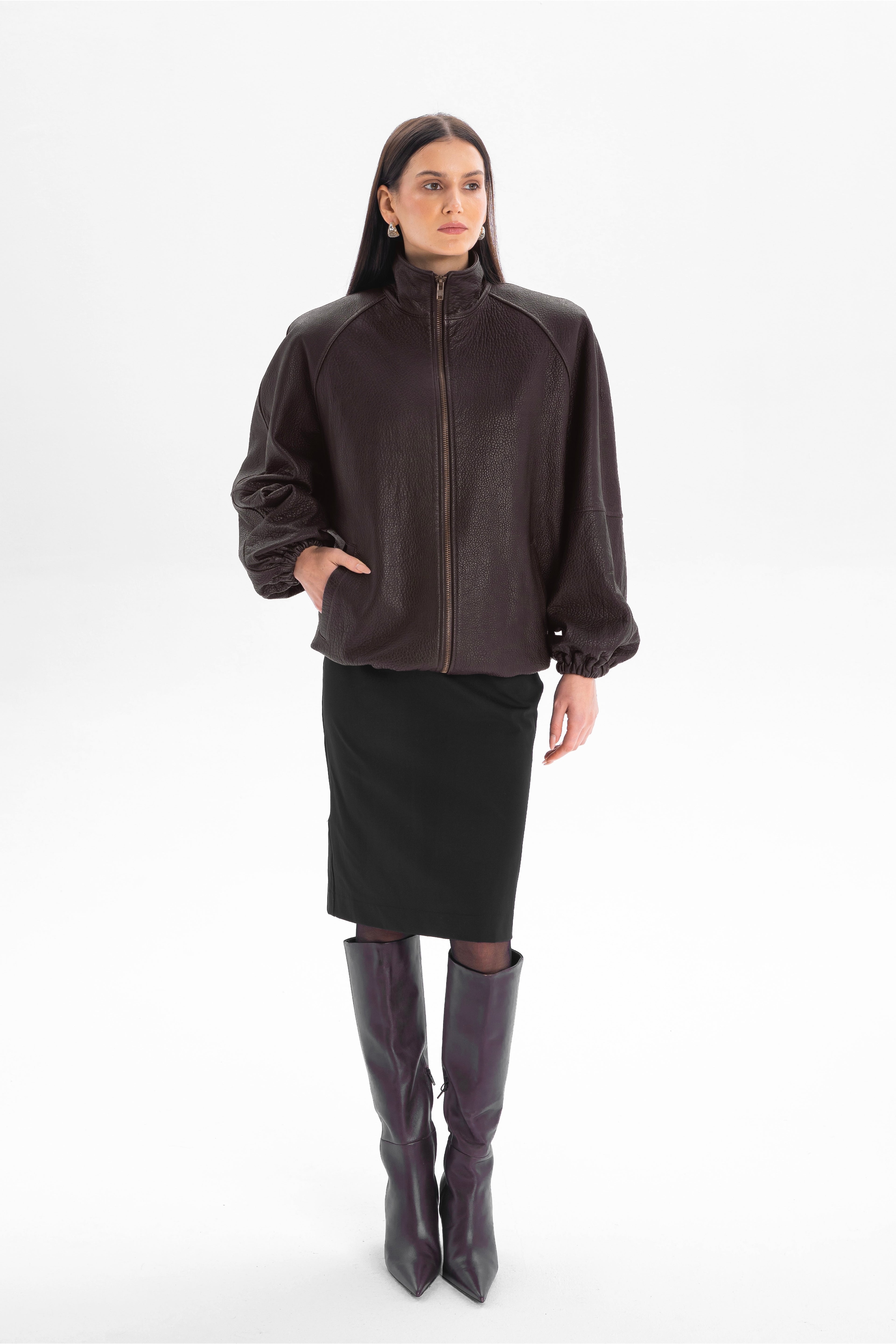 CALME oversized bomber jacket with collar in chocolate texture leather