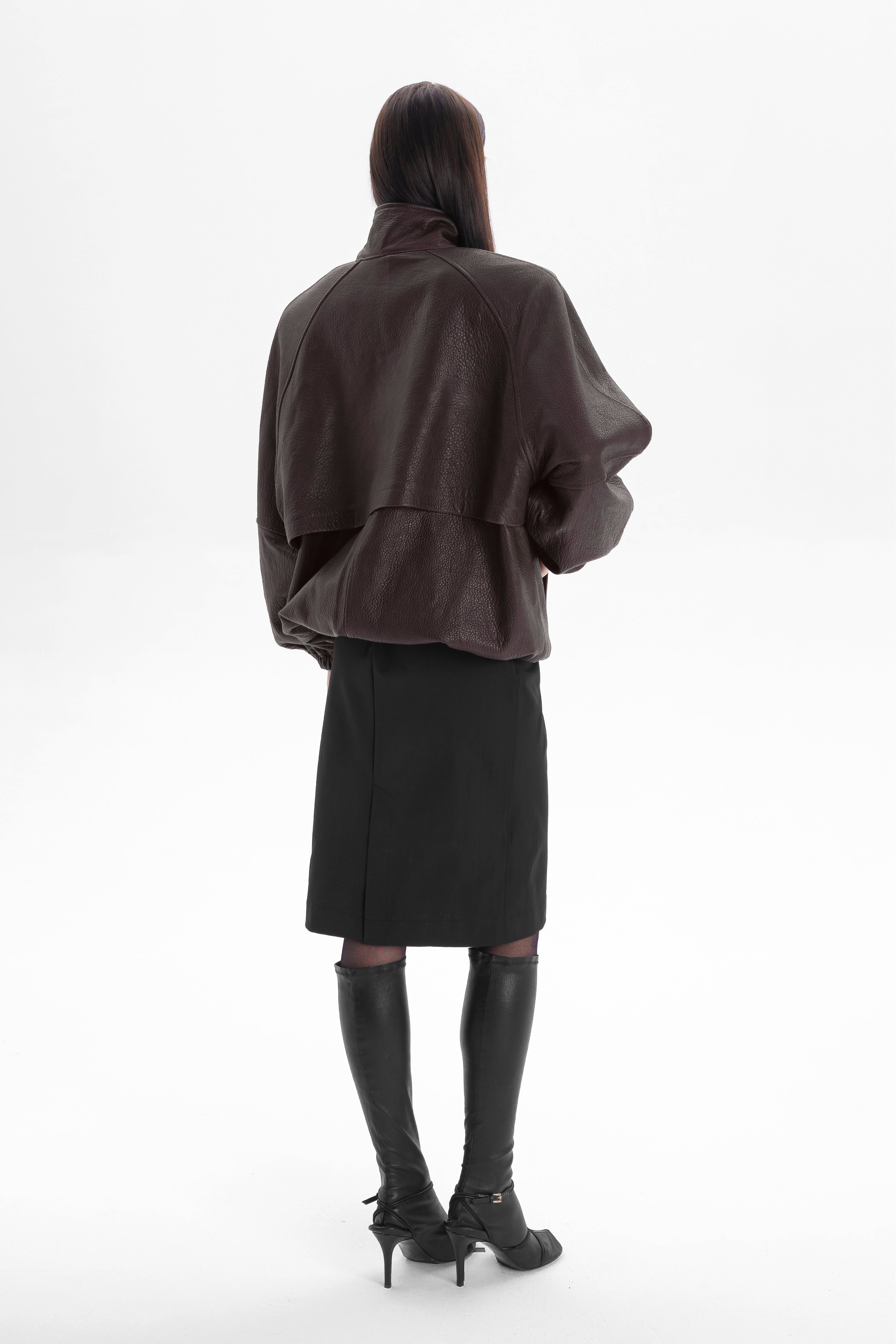 CALME oversized bomber jacket with collar in chocolate texture leather