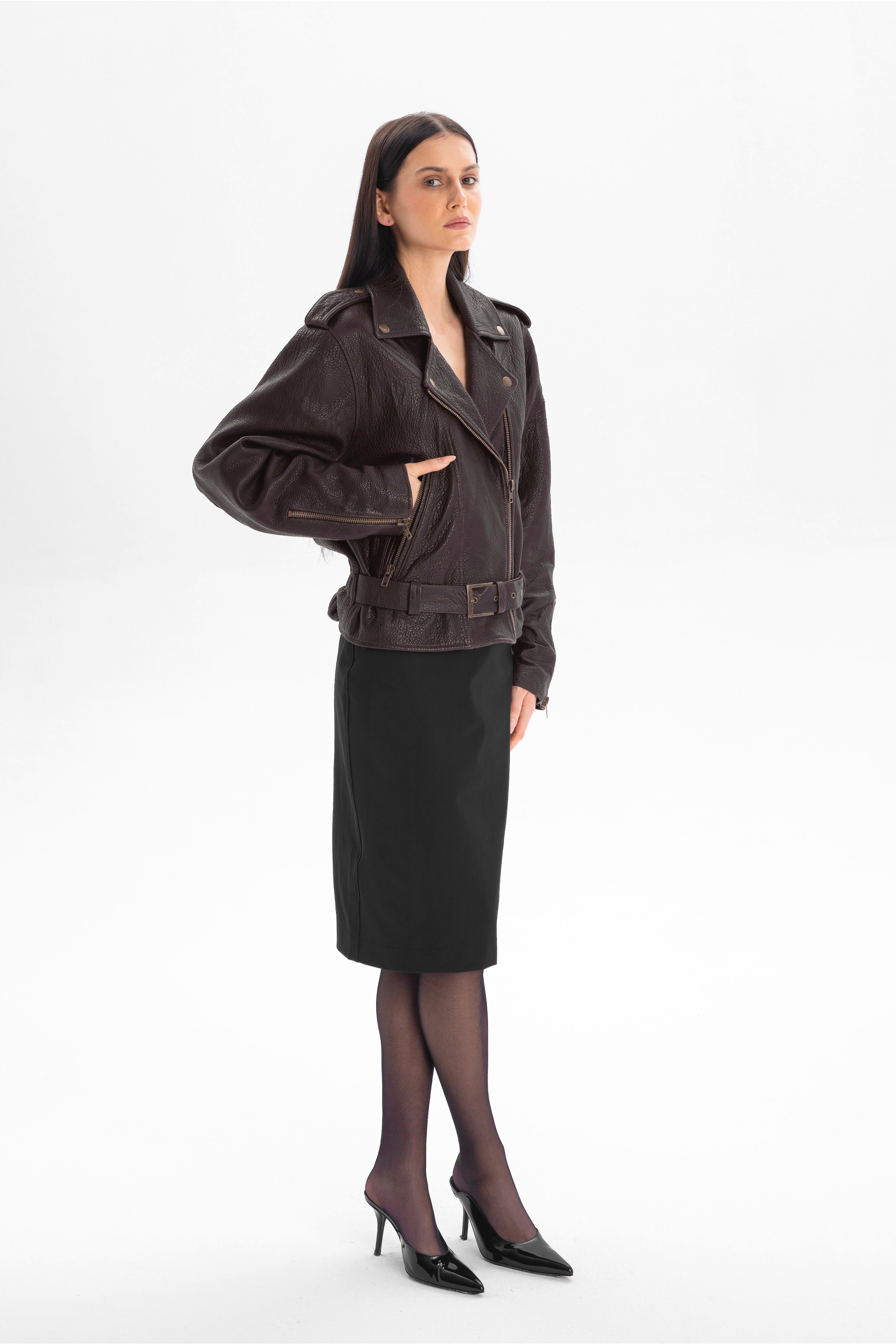 LIBERTE Retro-Bikerjacke mit hoher Taille aus Schokoladen-Texturleder